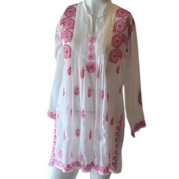 Indika White Sheer Cotton Tunic with Pink Paisley & Floral Embroidery Size Small - Picture 5 of 12